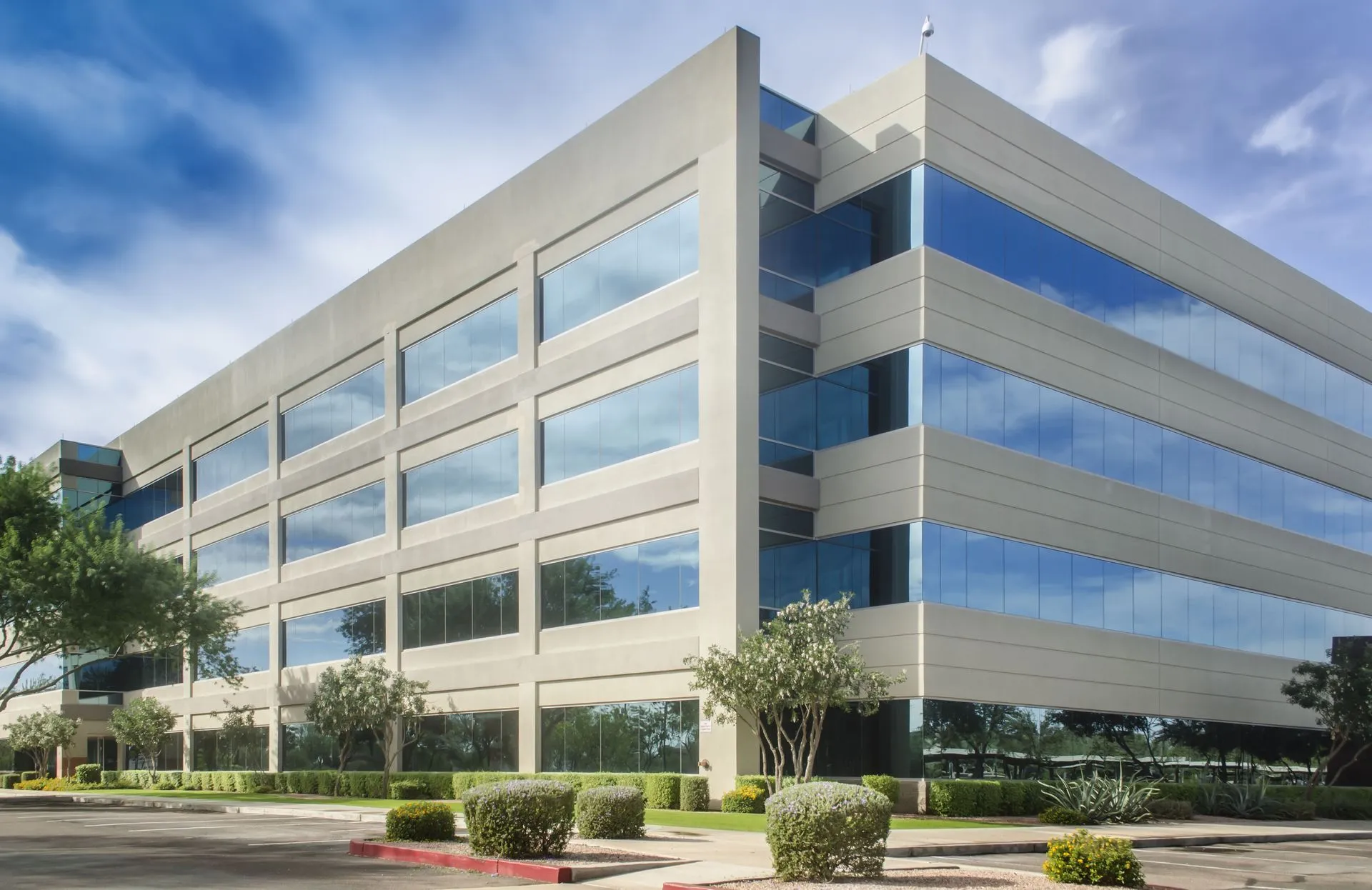 Glass-fronted commercial office building supplied by a high-capacity well system